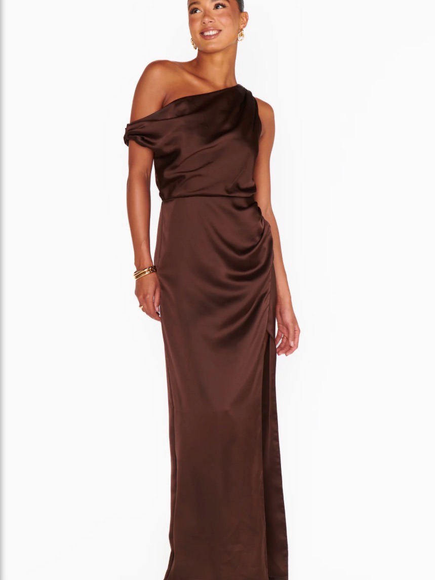 Show Me Your Mumu Chocolate Brown One-Shoulder Satin Gown